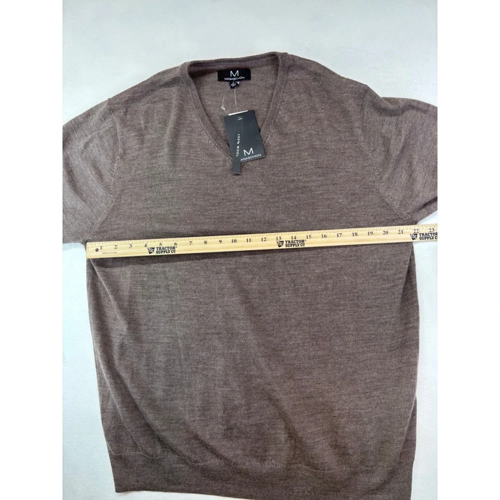 Magaschoni Mens Large Sweater‎ 100% Wool V Neck Long Sleeve Brown Casual New